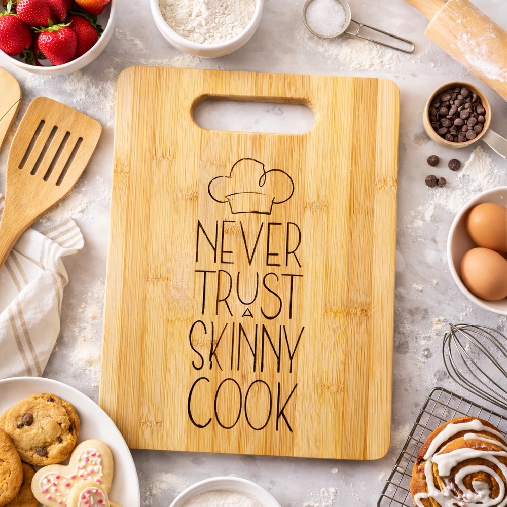 2/$50 Never Trust a Skinny Cook Engraved Bamboo Cutting Board Funny